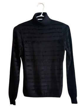 2/$25➡️  Guess Black Turtleneck Sweater with Velvet Textured Stripes - Small EUC